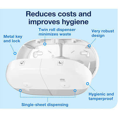 Tork SmartOne Elevation T9 White Twin Mini Toilet Roll Dispenser - Safety and Protect